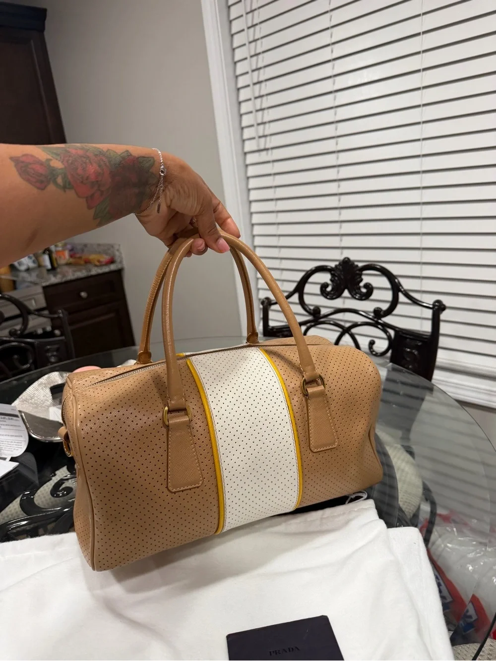 Prada Beige and White Perforated Leather Satchel with Yellow Trim